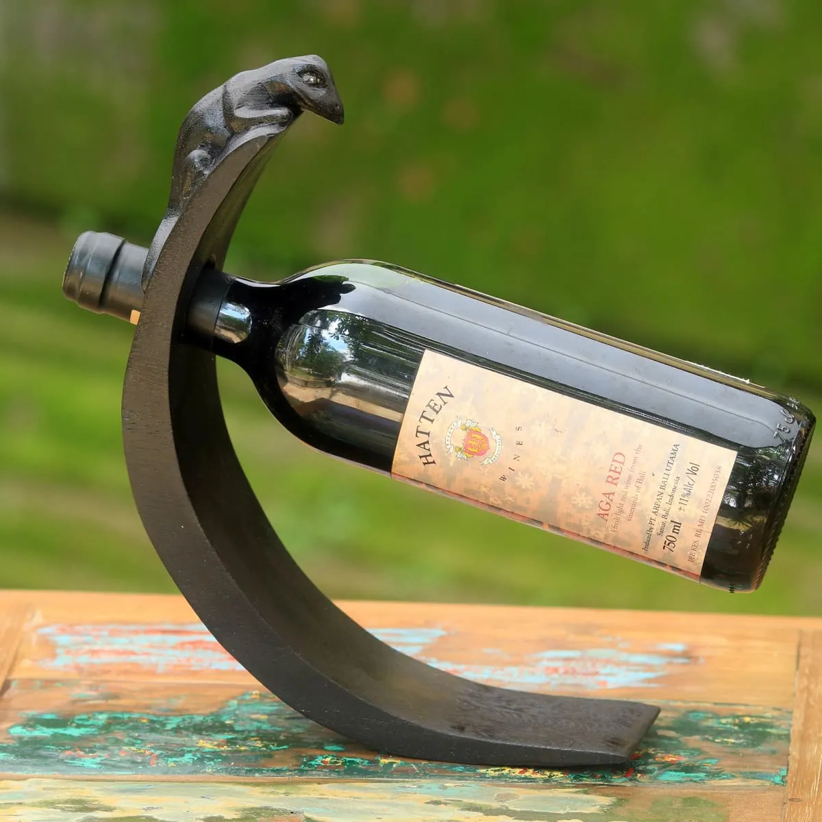 Novica Black Lizard Wood Bottle Holder