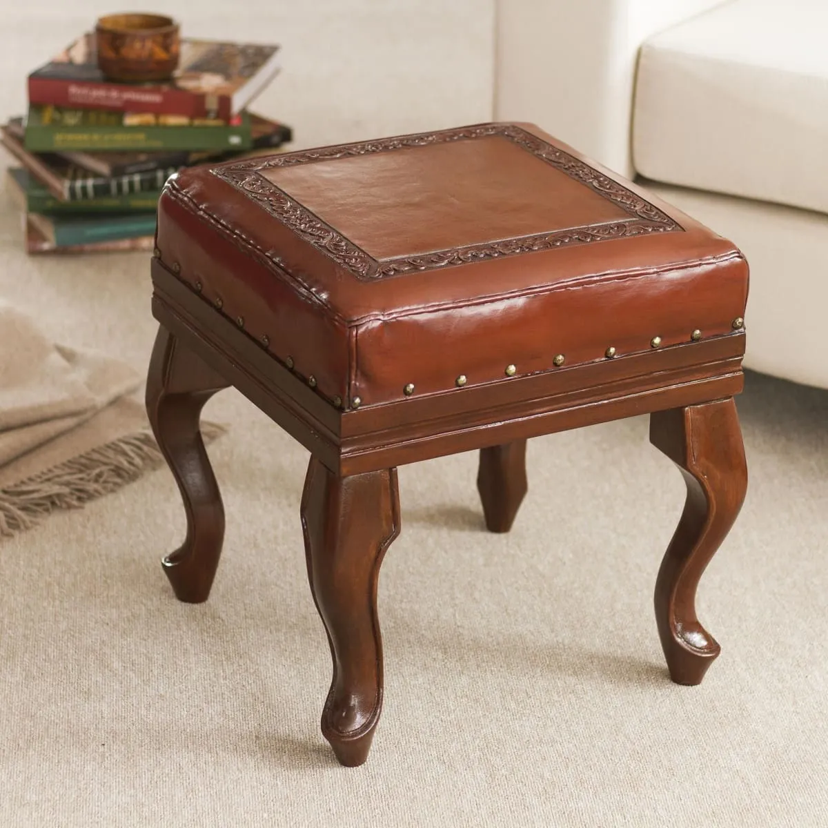 Novica Century Leather And Wood Ottoman