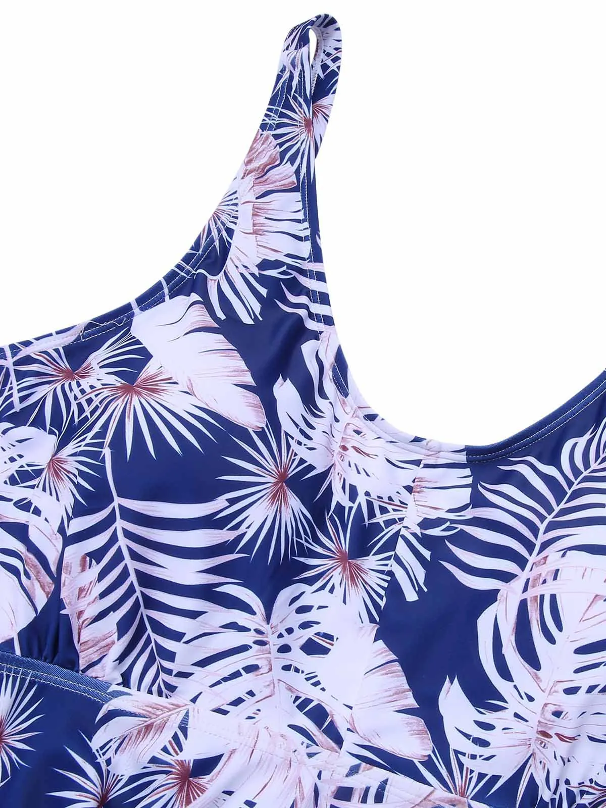 [Plus Size] Blue 1950s Leaves Spaghetti Strap Swimsuit