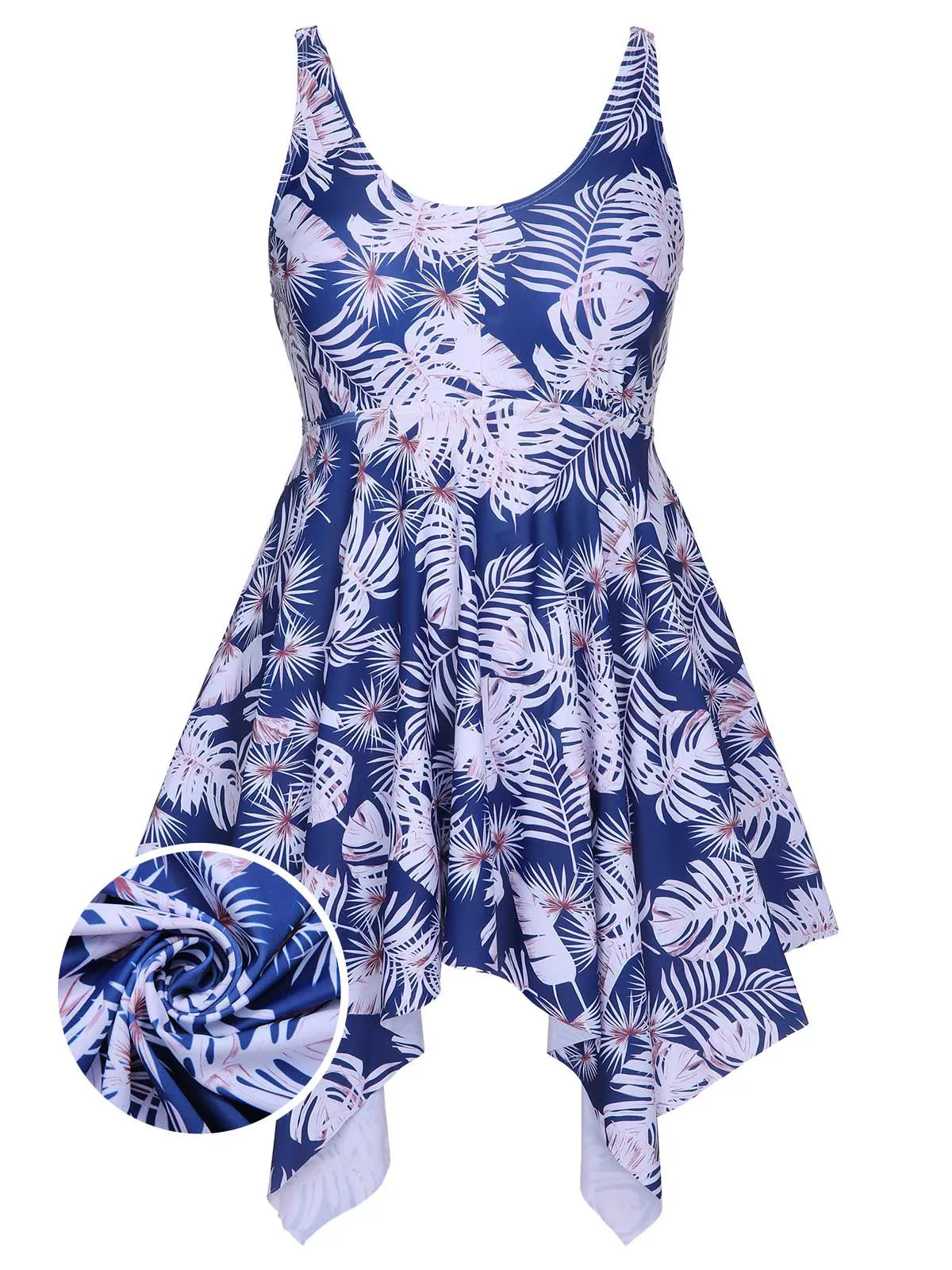 [Plus Size] Blue 1950s Leaves Spaghetti Strap Swimsuit