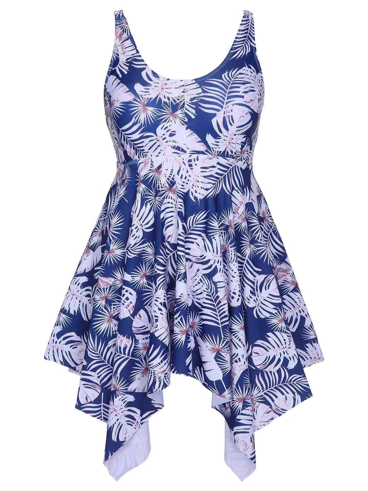 [Plus Size] Blue 1950s Leaves Spaghetti Strap Swimsuit