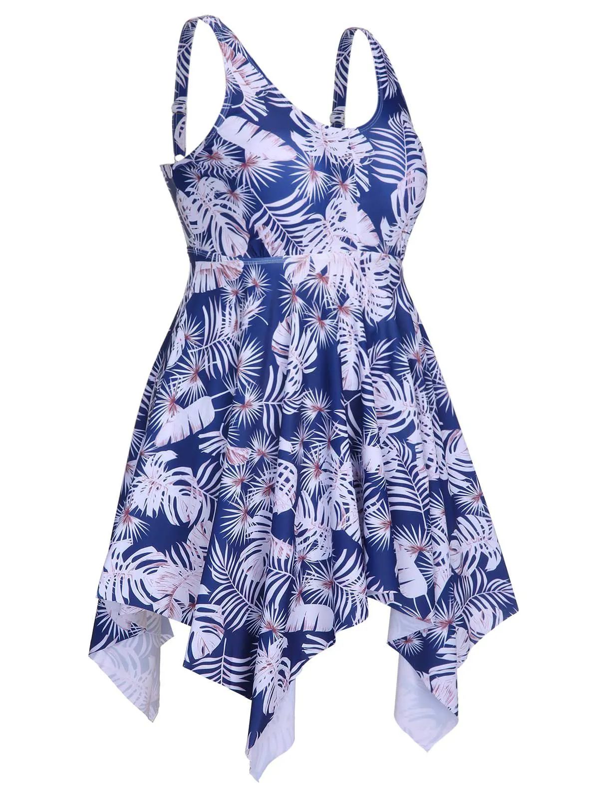 [Plus Size] Blue 1950s Leaves Spaghetti Strap Swimsuit