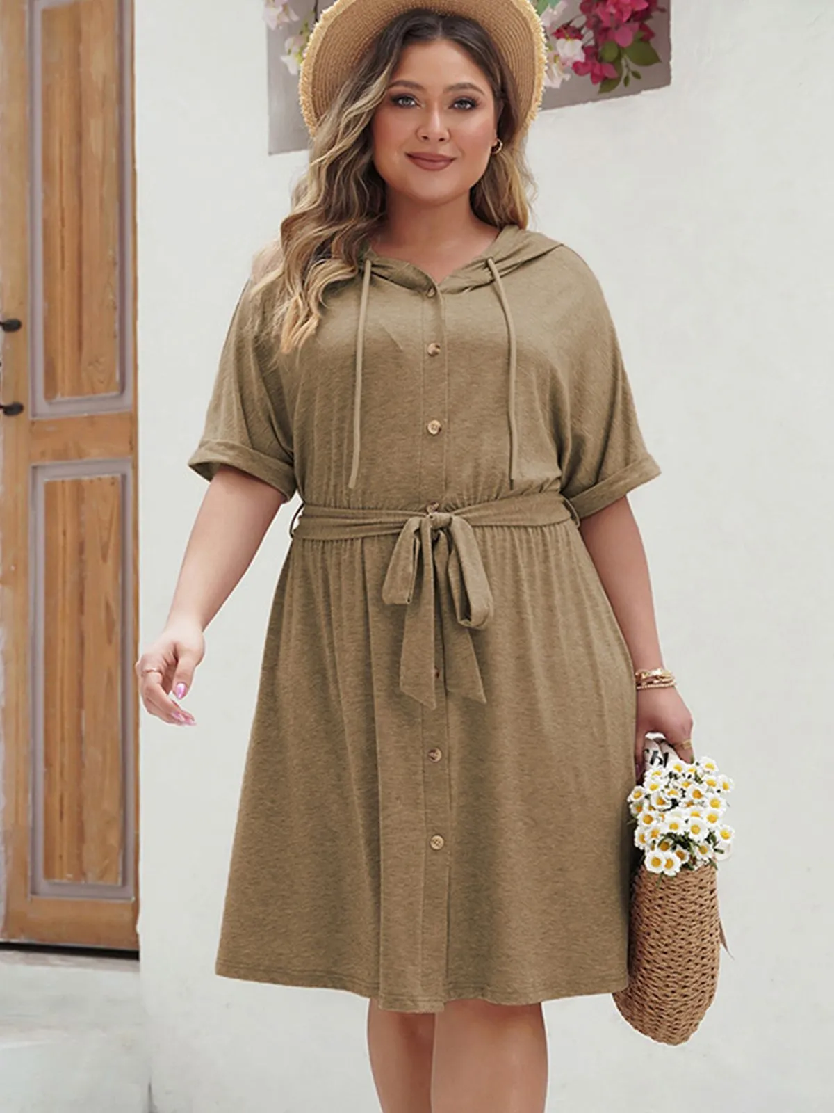 [Plus Size] Khaki 1950s Solid Hooded Belt Dress