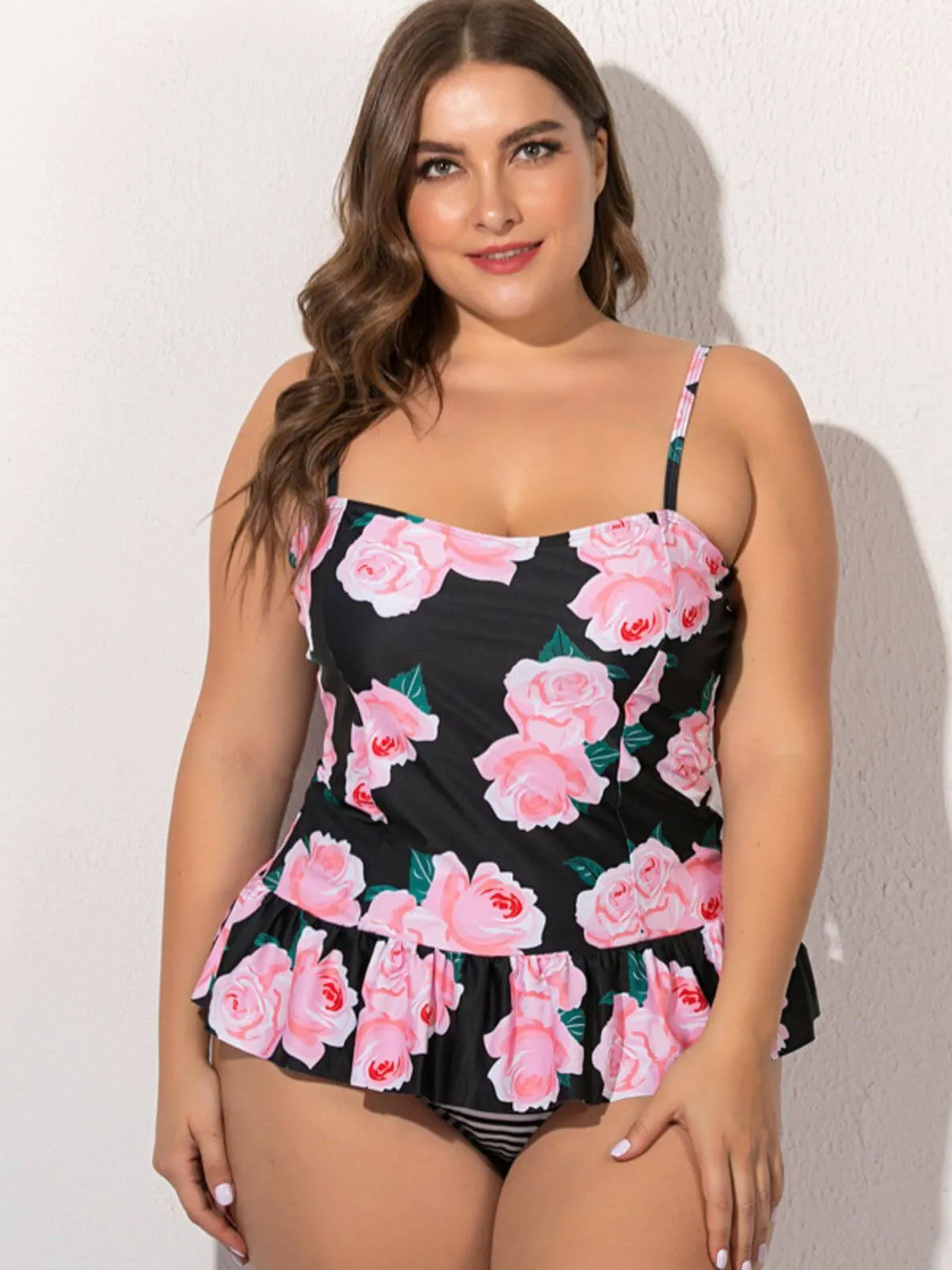 [Plus Size] Multicolor 1930s Ruffled Hem Printed Swimsuit