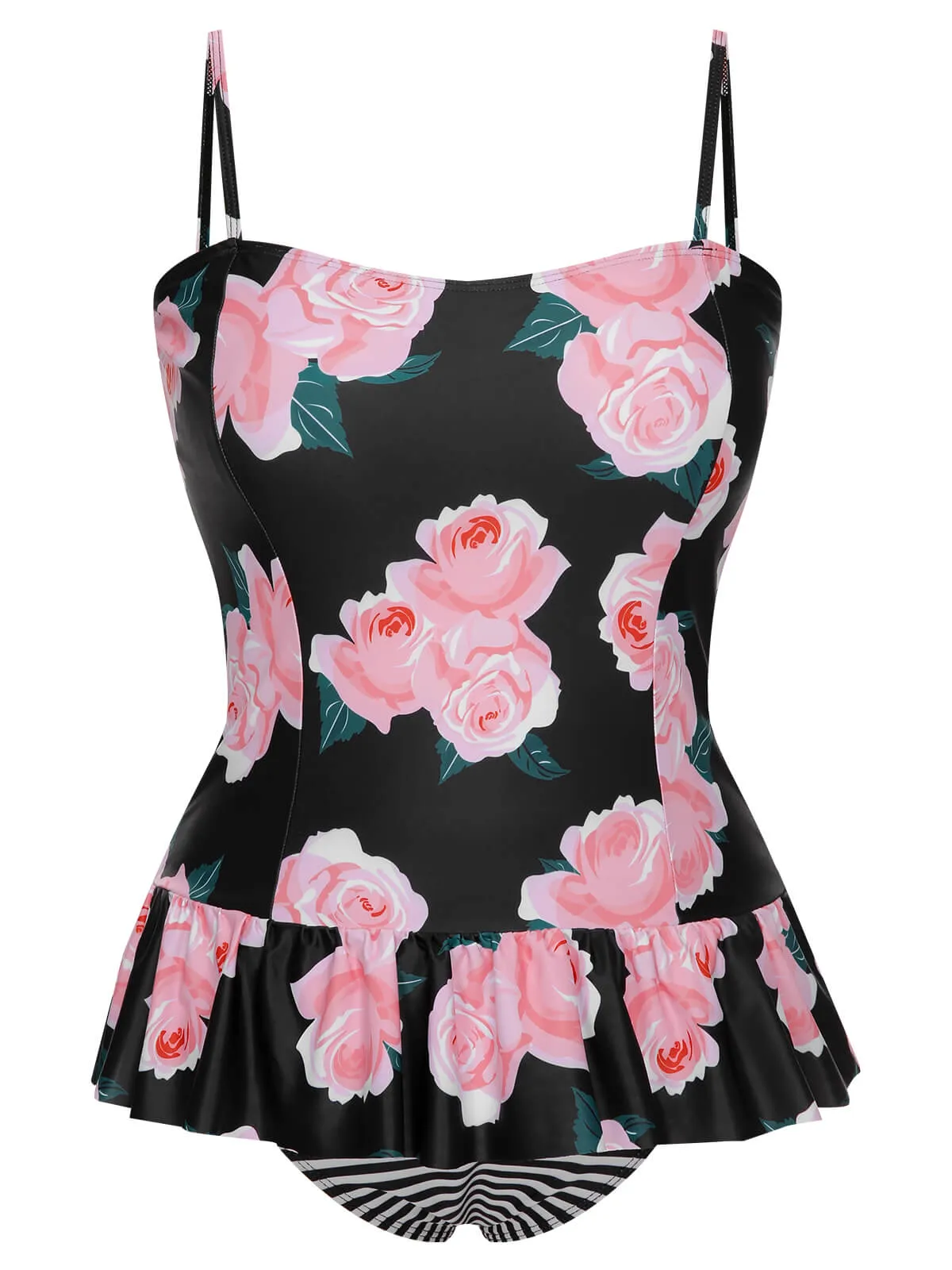 [Plus Size] Multicolor 1930s Ruffled Hem Printed Swimsuit