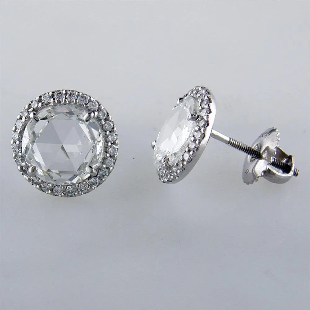 Rose Cut Diamond Stud Halo Platinum Earrings 2.12 Carats