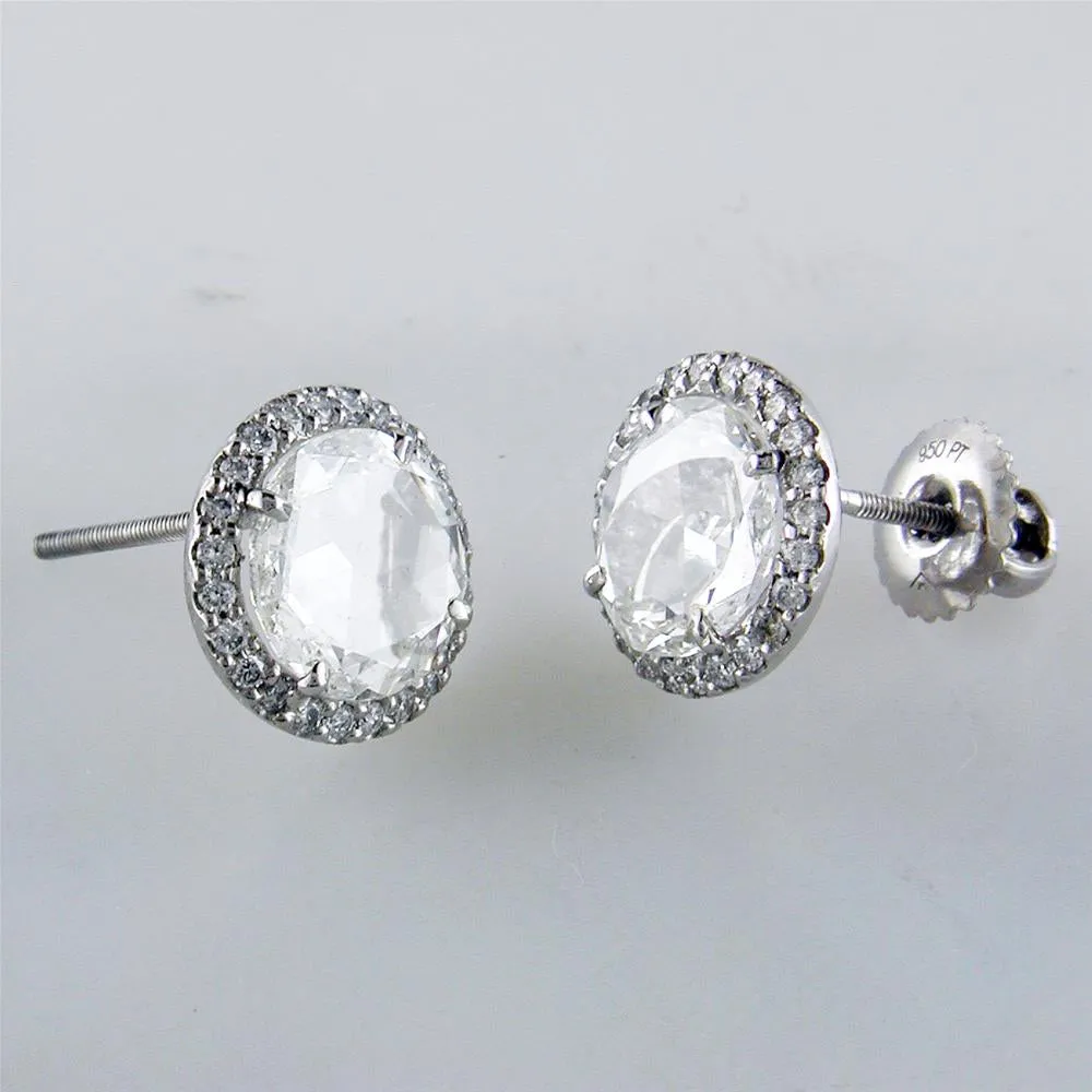 Rose Cut Diamond Stud Halo Platinum Earrings 2.12 Carats