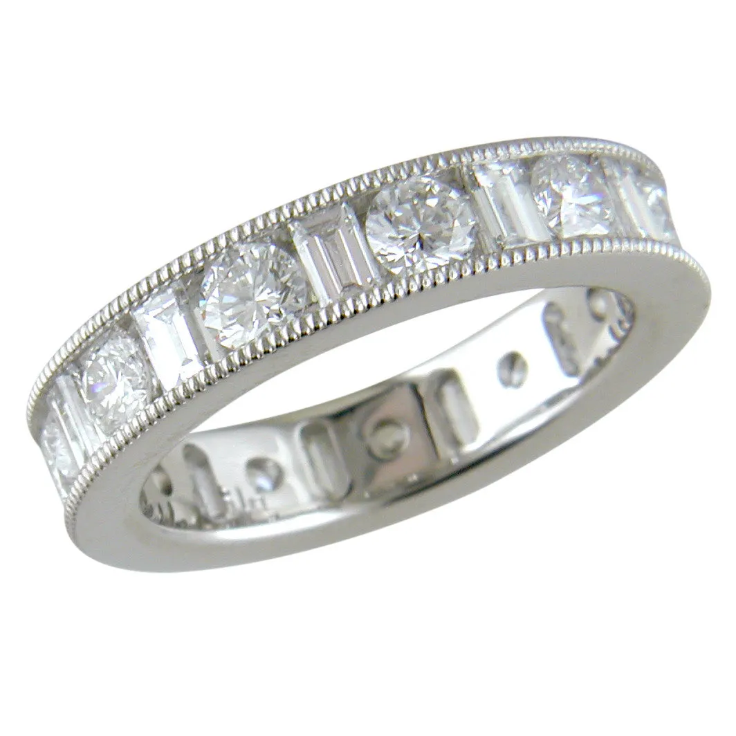 Round & Straight Diamond Baguette Channel Set Platinum Ring Stackable Band 2.25 carats