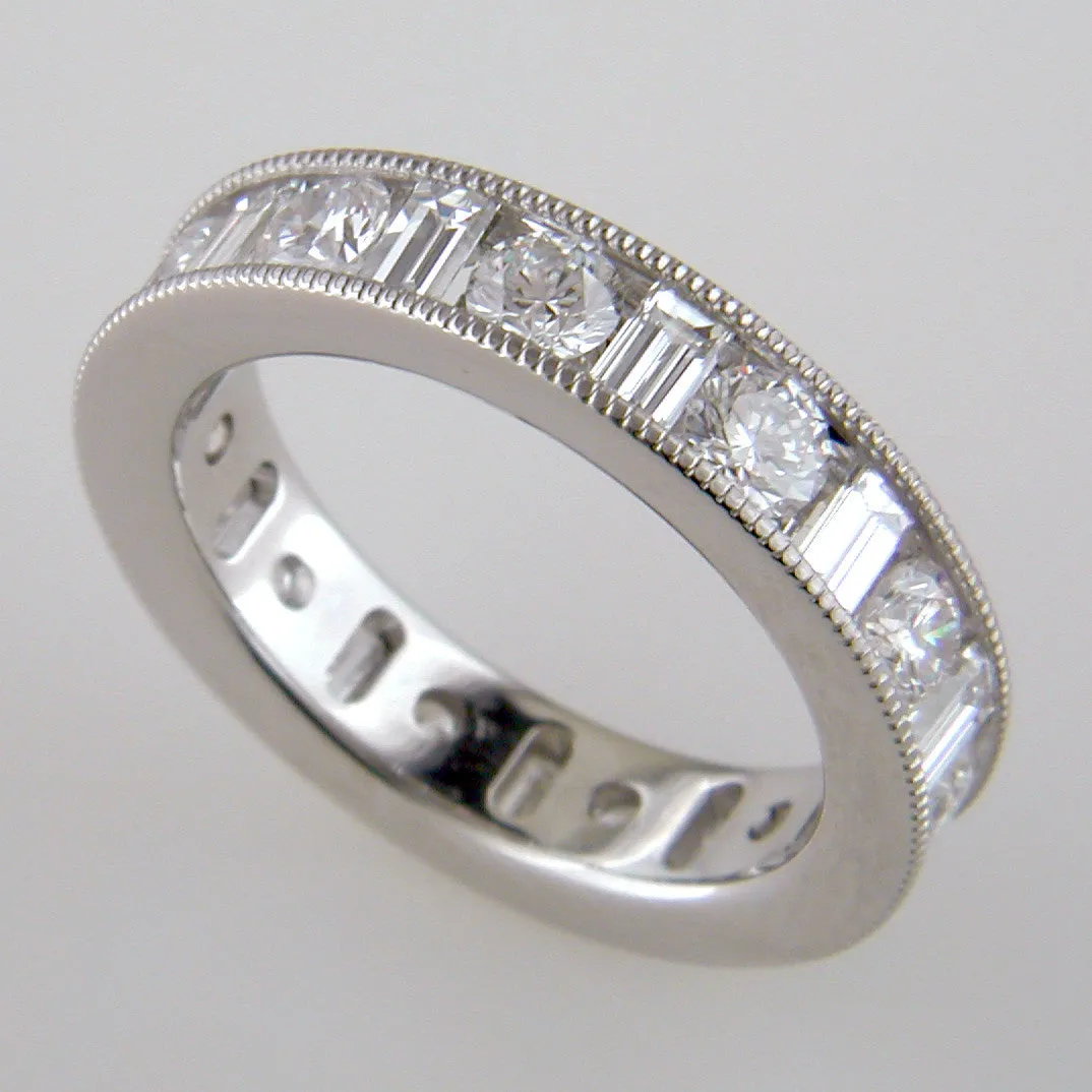 Round & Straight Diamond Baguette Channel Set Platinum Ring Stackable Band 2.25 carats