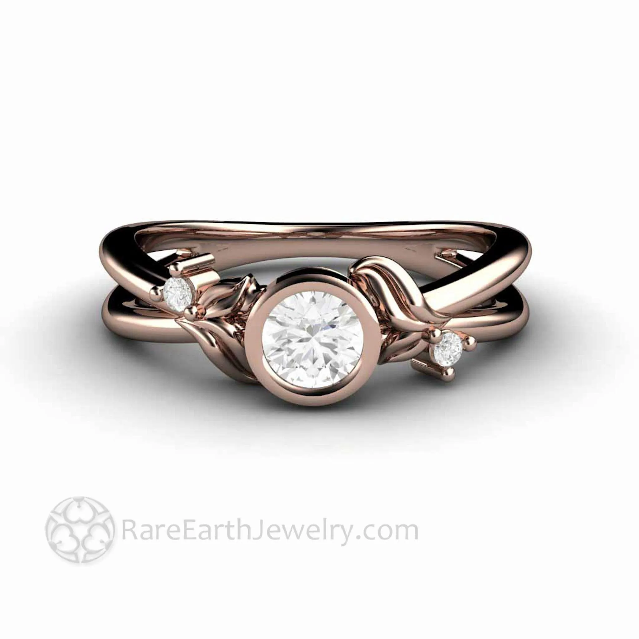 Round Bezel Set Diamond Engagement Ring with Leaf Design