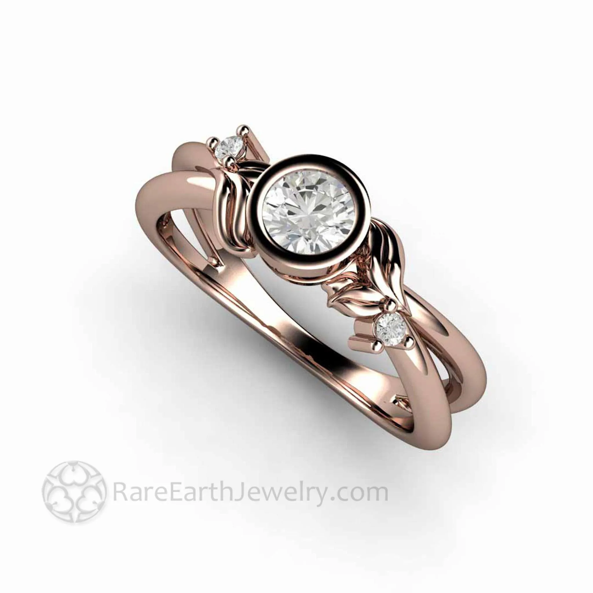 Round Bezel Set Diamond Engagement Ring with Leaf Design