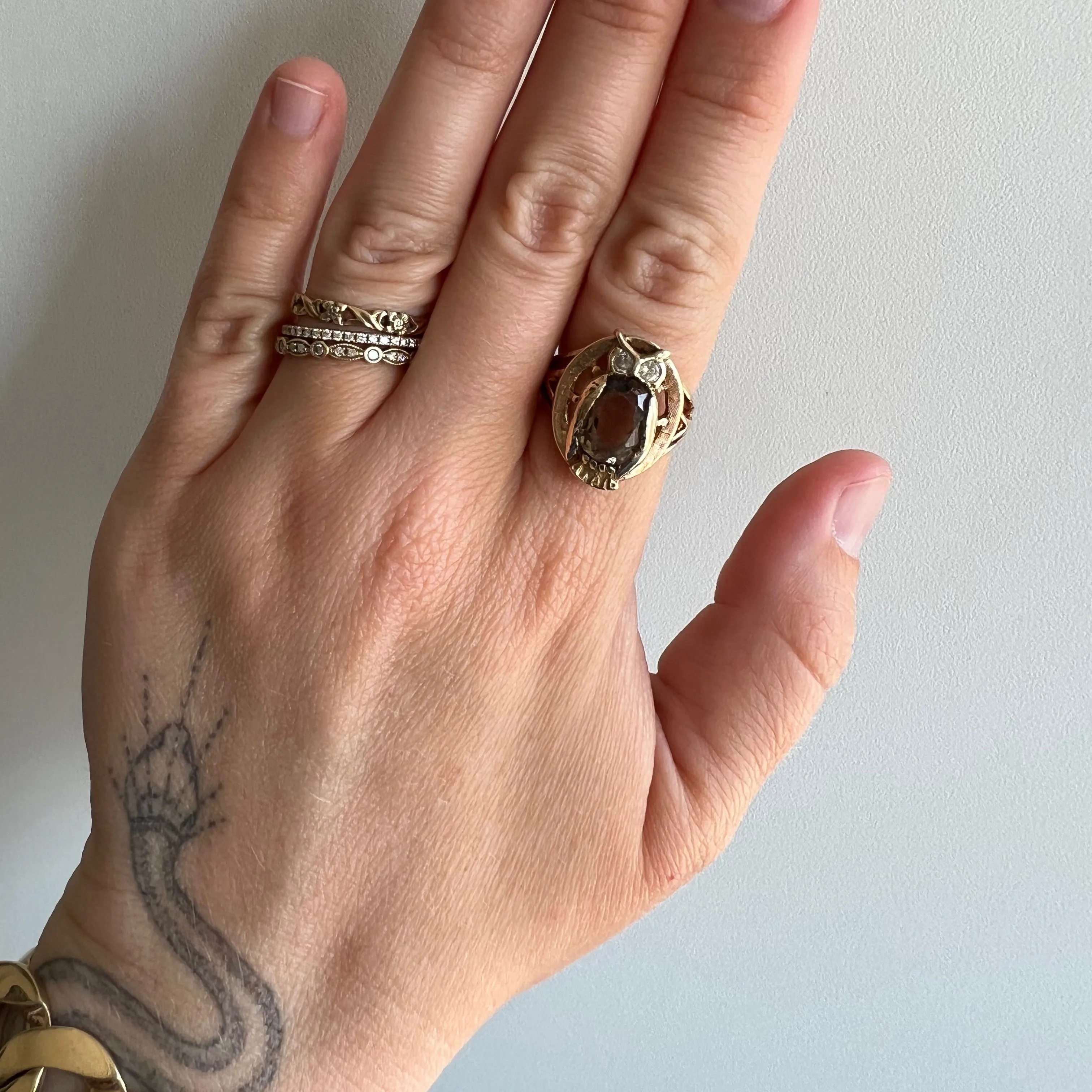 V I N T A G E // mid century wisdom / 14k smoky quartz and diamond owl ring / size