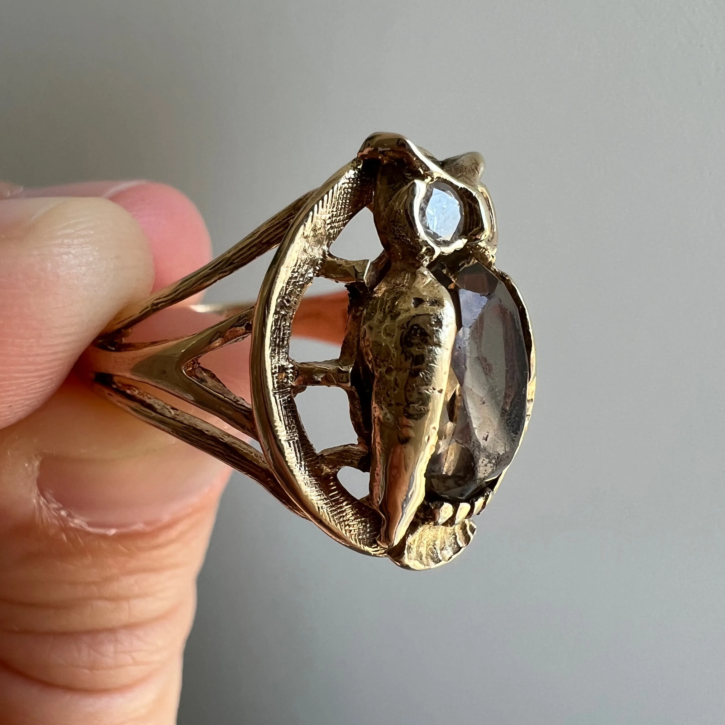 V I N T A G E // mid century wisdom / 14k smoky quartz and diamond owl ring / size