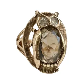 V I N T A G E // mid century wisdom / 14k smoky quartz and diamond owl ring / size