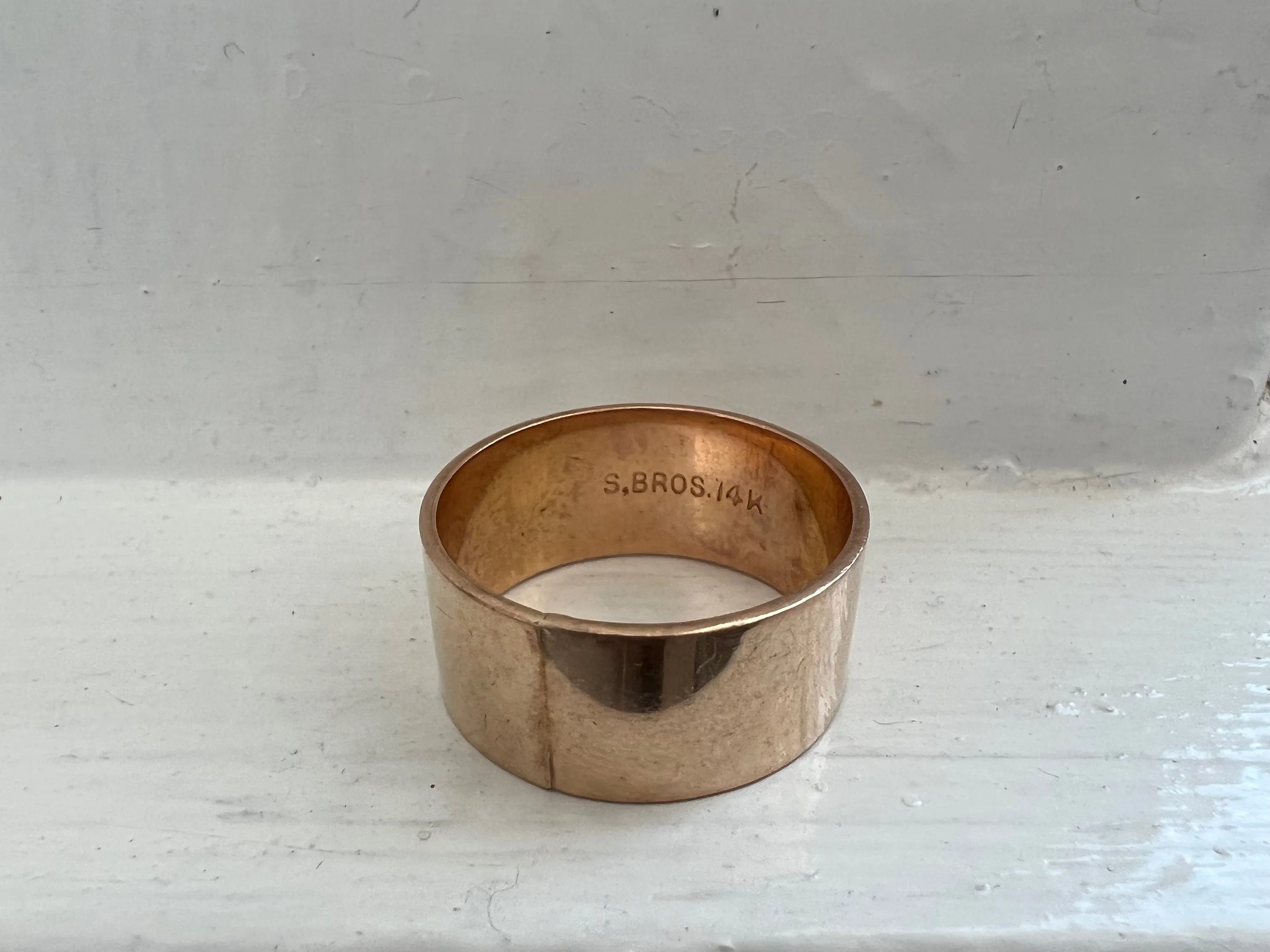 V I N T A G E // S Bros wide band / solid 14k rose gold cigar band / fits like a size 5-5.25