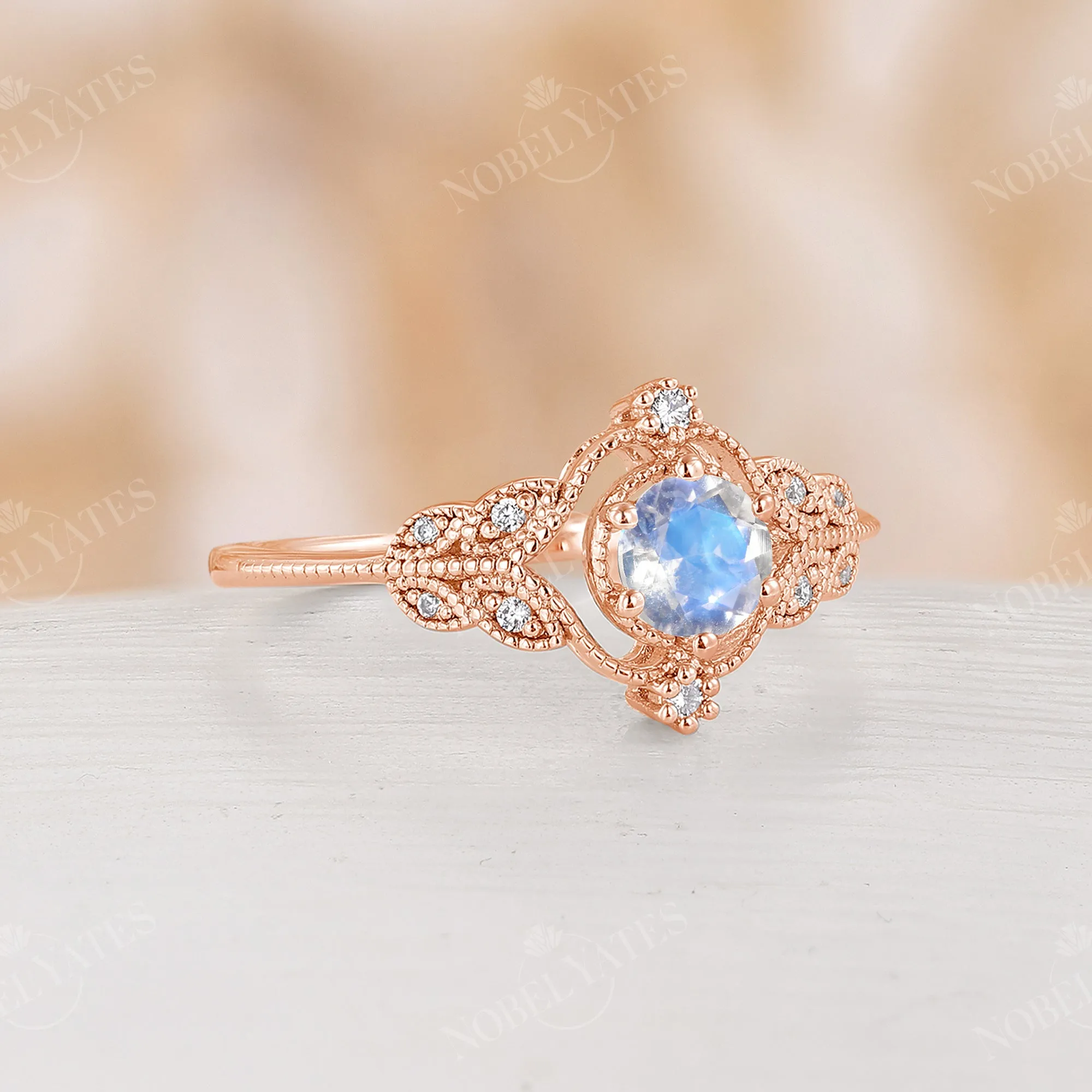 Vintage Nature Moonstone Milgrain Engagement Ring Rose Gold