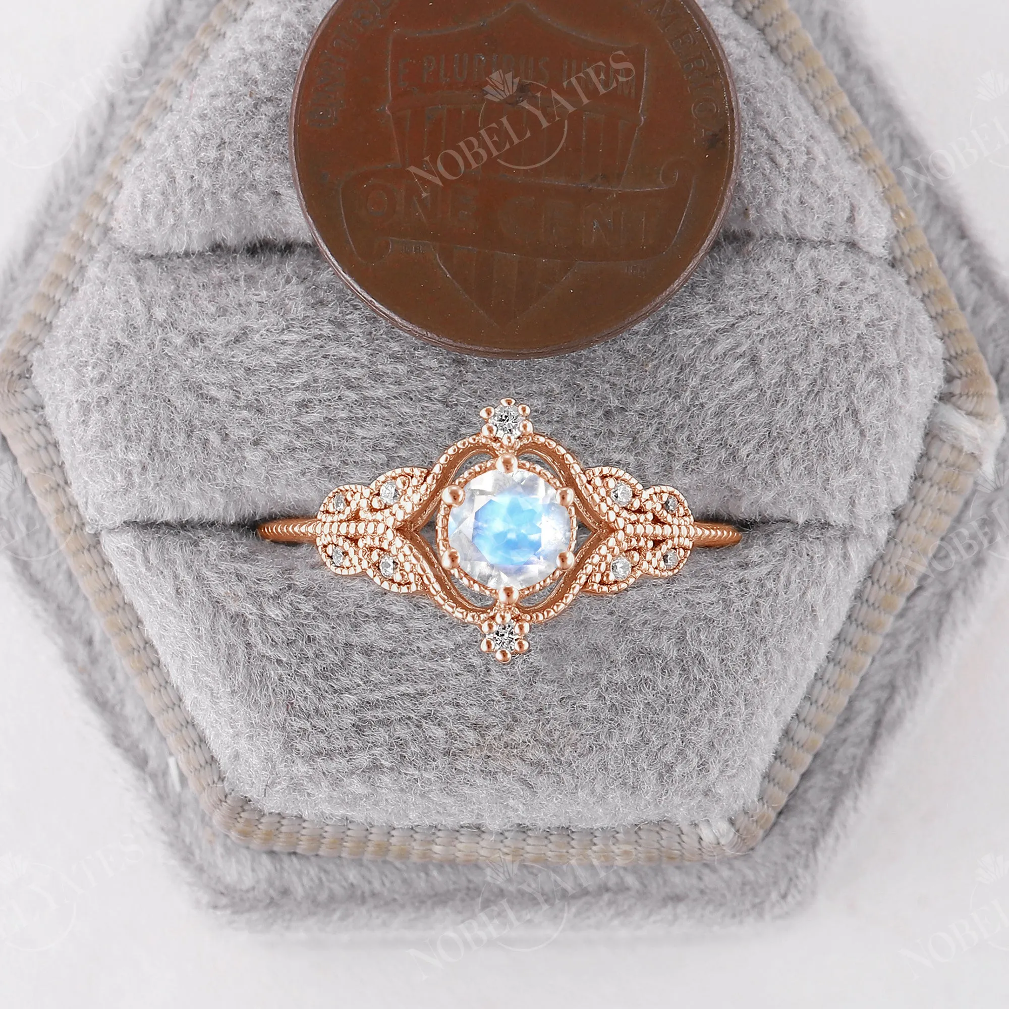 Vintage Nature Moonstone Milgrain Engagement Ring Rose Gold