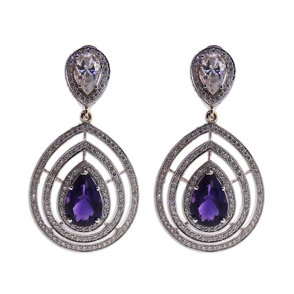 White Gold Natural Amethyst and Diamond Earrings