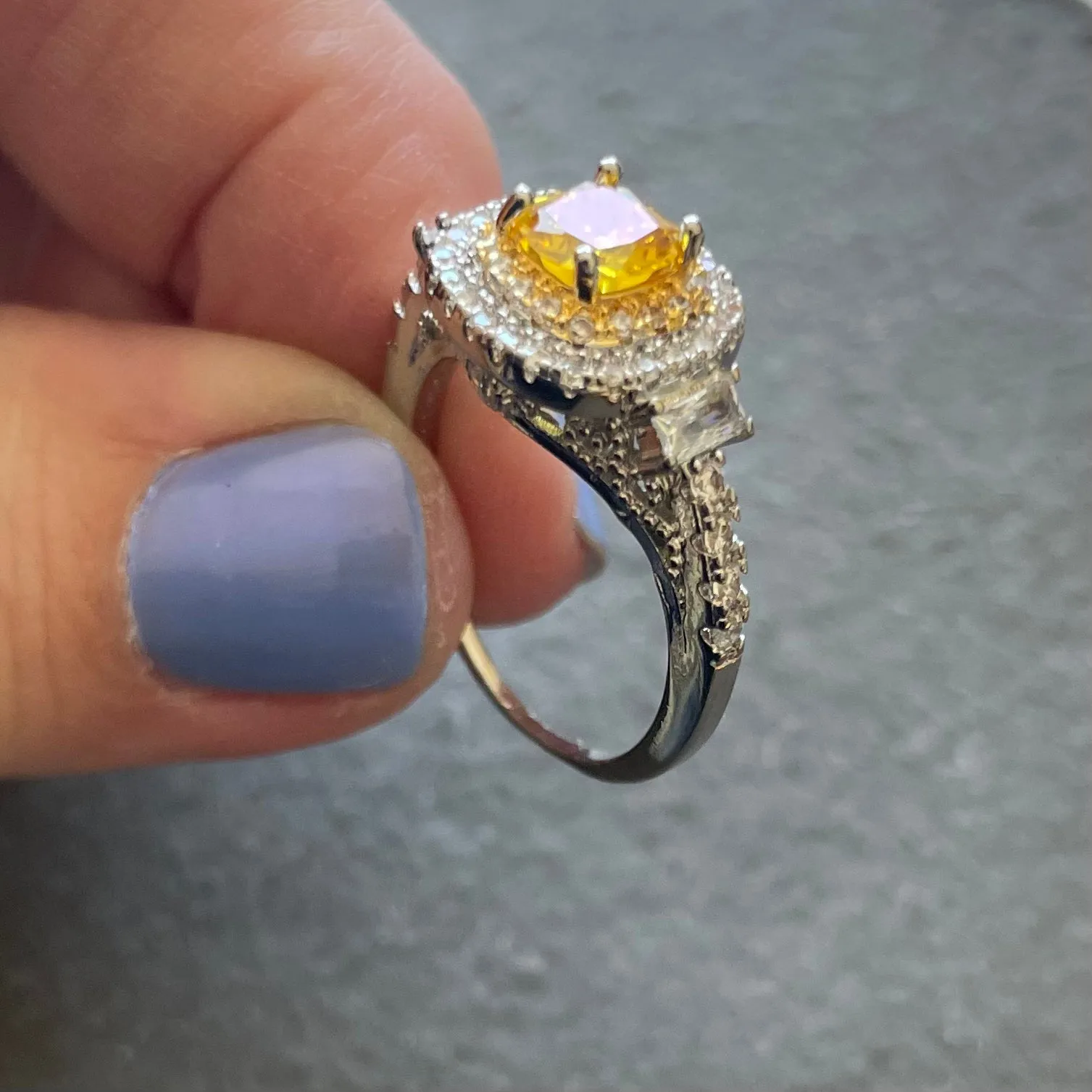 Yellow Topaz Look Filigree Elegant Cocktail Ring, Size 8